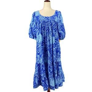 Vtg 80s 90s Two Potato Tropical Midi Tiered Loose Muumuu Dress M Cotton Blue NOS